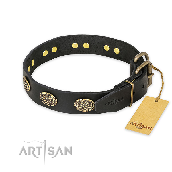 Reliable D-ring on full grain natural leather collar for your handsome four-legged friend