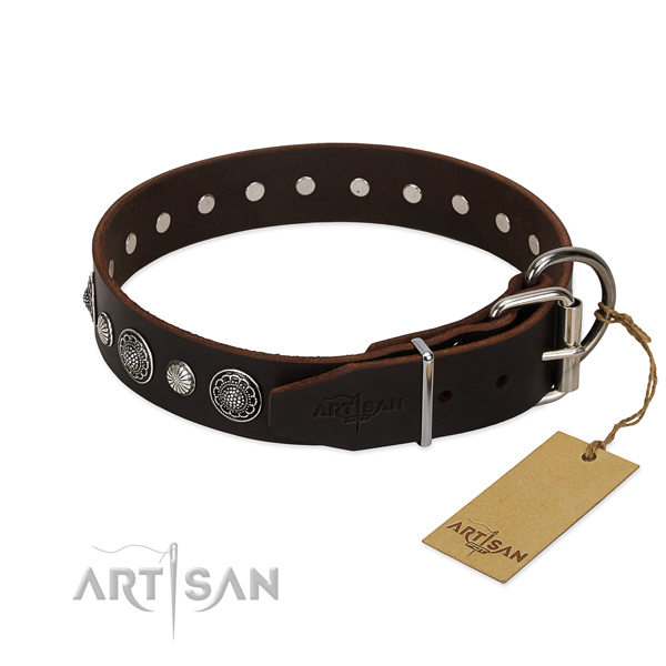 Reliable full grain genuine leather dog collar with extraordinary decorations