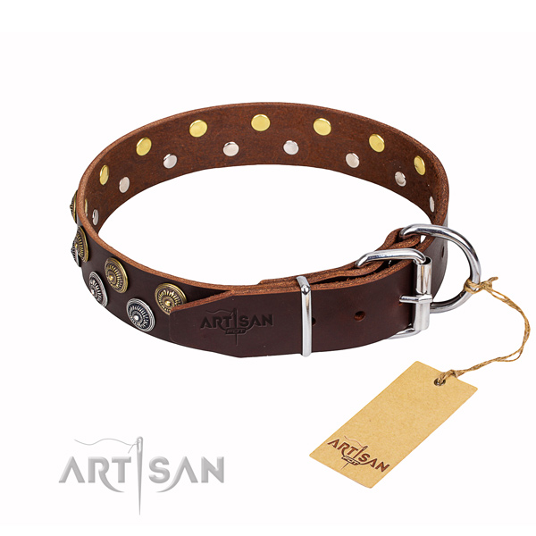 Everyday use full grain leather collar with decorations for your pet