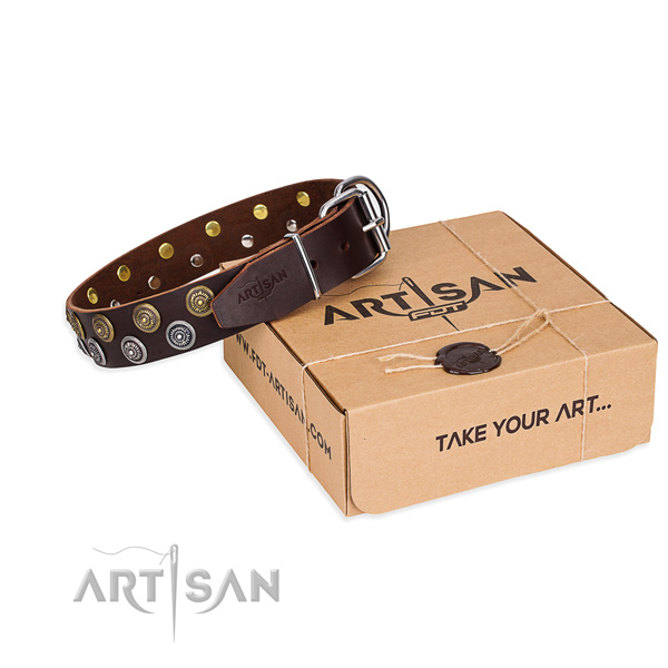 Leather dog collar with adornments for handy use