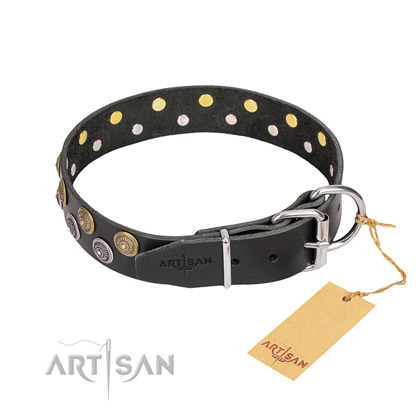 Everyday use genuine leather collar with decorations for your doggie