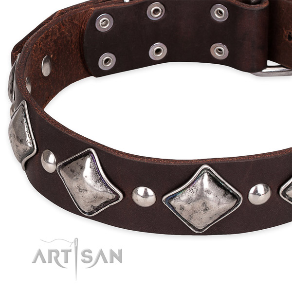 Easy to adjust leather dog collar with almost unbreakable durable hardware