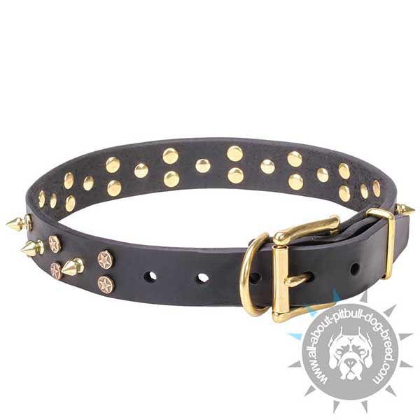 Genuine Leather Collar with 2 Rows of Stars and 1 Row of Spikes